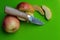 Slicing apples with a fixed blade knife.