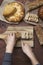 Slicing a baguette on a cutting board