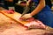 Slicing blue-fin Tuna in Tsukiji fish market