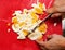 Slicing boiled eggs for salad.