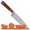Slicing tomatoes with a kitchen knife. Vector drawing on a white isolated background