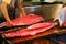 Slicing yellow-fin Tuna in Tsukiji fish market