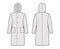 Slicker coat Sou'wester technical fashion illustration with long sleeves, patch pockets, oversized body, knee length.