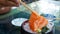 Slide salmon in a dish, salmon sushi Japanese food