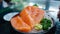 Slide salmon in a dish, salmon sushi Japanese food