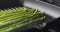 Slide shot of cooking frozen green asparagus on grill pan