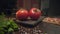 Slide video of two ripe red tomatoes are in the beam of light on the kitchen table, ingredients for vegetable salad