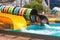 Sliders with pool in the park. Resort with aqua park. Summer holiday.