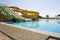 Slides near swimming pool  in water park