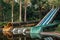 Slides and pool in abandoned water park, Ho Thuy Tien Lake, Vietnam