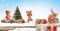 Slightly blurred  design with teddy bears and Christmas fir tree and presents. snowflakes christmas gifts and green decorated tree