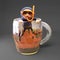 Slightly drunk scuba snorkel diver 3d character climbs out of a half full pint of beer, 3d illustration