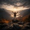 Slim backpacker revels in foggy mountain panorama, arms raised against vivid morning sky