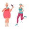 Slim and fat girl. The concept of weight loss before diet and after exercise. Healthy lifestyle. Vector graphics