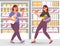 Slim and fat womans choices food in supermarket. Vector flat color icon