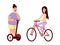 Slim and fat womans ride scooter and bike. Flat vector color cartoon icon