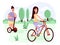 Slim and fat womans ride scooter and bike. Flat vector color cartoon icon