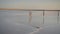 Slim girl enjoying sunset, walks between wooden salt pillars of a salt lake