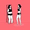 Slim girl looking at fat reflection in mirror. Eating disorder concept, body dysmorphia. Vector outline illustration on