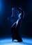 Slim girl wearing a white bodysuit dances a modern avant garde dance, covering her body with elastic transparent fabric in blue