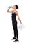 Slim Lady In Fitwear Drinking Water Over White Studio Background