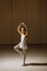 Slim little girl in white tutu skirt perform classic ballet dance