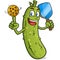 Slim pickle cartoon character spinning his pickleball on his finger like a baller