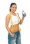 Slim woman with centimeter holding water