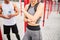 Slim woman hurt elbow during training outdoors