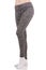 Slim woman legs from the side in grey sports thermal patterned pants standing on one leg with other leg raised in