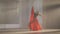 Slim woman in long scarlet red skirt and pointes jumping and bending in slow motion in backlit fog. Wide shot of