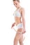 Slim woman model with centimetr in weight loss concept. Isolated