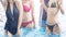 Slim women people in top bikini nude dance party in swimming poo