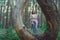 Slim young woman in green forest. Wooden ring from tree and thoughtful woman standing in forest looking up