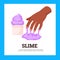 Slime banner or card, label with hand squeezing a slime toy, flat vector.