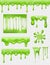 Slime. Green Glue dipping and flowing liquid drops and toxic splashes vector pictures