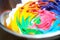 Slime ingredients in mixing container wiht colorful result ,colsed up,side view