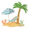 Sling chair and parasol on the sand coast. Beach vacation landscape. Vector illustration in flat style