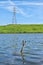 Slingshot for fishing in river with reflection and electric pole