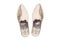 Slippers woman isolated. Closeup of elegant luxurious handmade beige ladies slippers with beautiful floral embroidery and