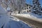 Slippery snow in winter on a street in a small town in Bavaria