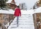 Slippery snowy stairs winter staircase, weather cold outdoor alone