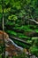 Slippery wooden bridge along the water flume in a small gorge HDR