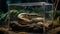 Slithery snake coiled up in its glass enclosure created with Generative AI