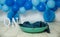 sliver, blue and white decoration for a 1st birthday cake smash studio photo shoot with balloons, paper decor, cake and