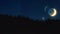 Sliver Moon and Mars over Silhouette of Forested Mountains