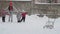 slo-mo authentic cute happy young woman mom in red hat with children joyfully running through snow in distillation smile