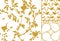 Sloe and birds, a set of three golden seamless patterns and border. Vector stock illustration.