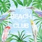 Slogan beach club birds and leaves blue background