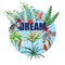 Slogan dream right here flowers leaves zebra in the Ñircle blue